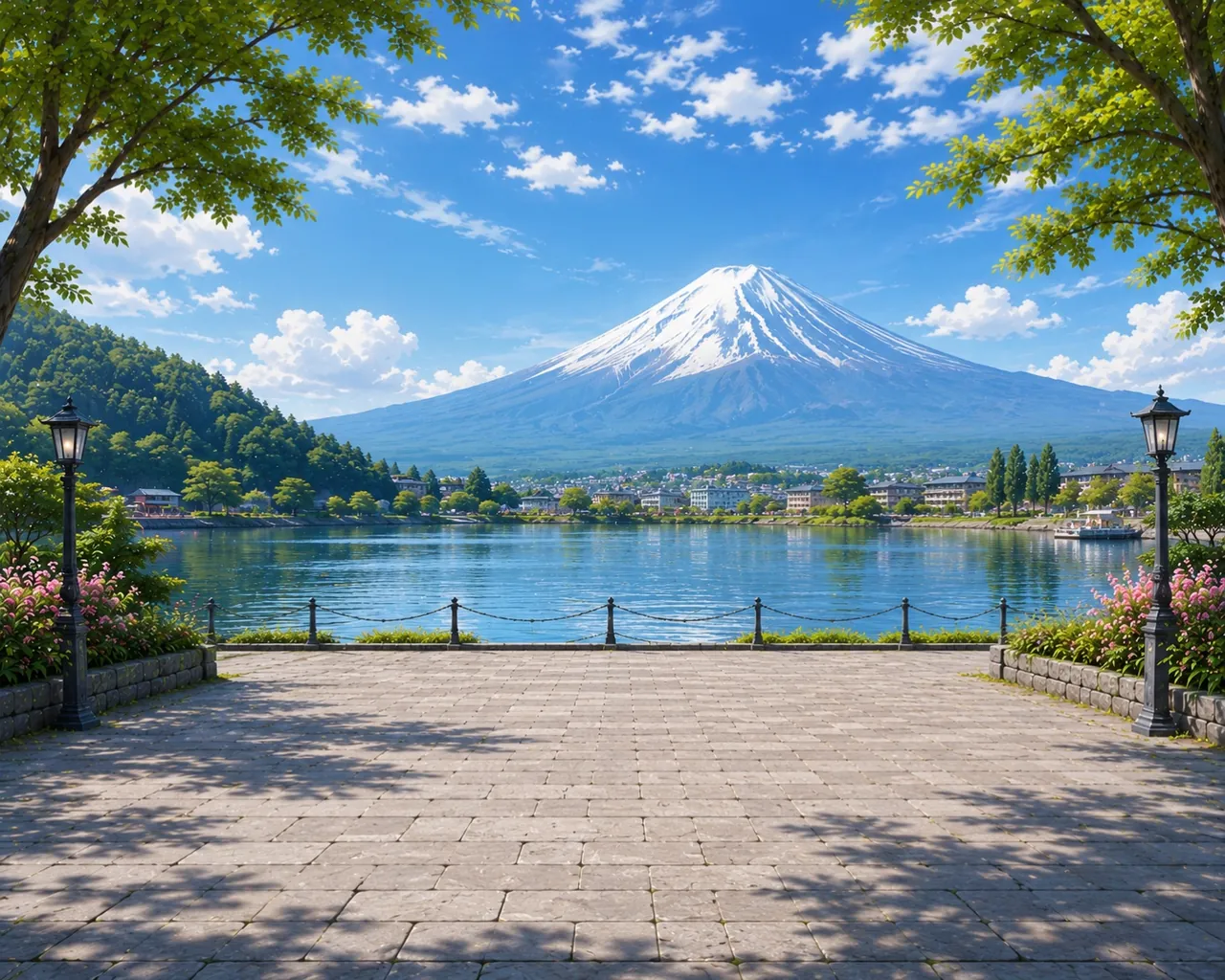 A lakeside court under Mount Fuji on a clear morning