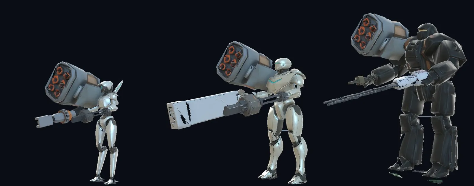 The three robots on the hangar floor