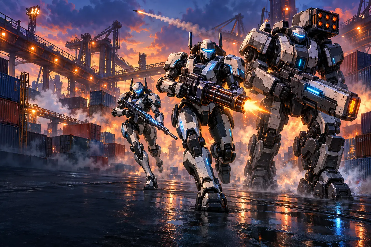 Three mechs of different sizes advance through an industrial arena at dusk