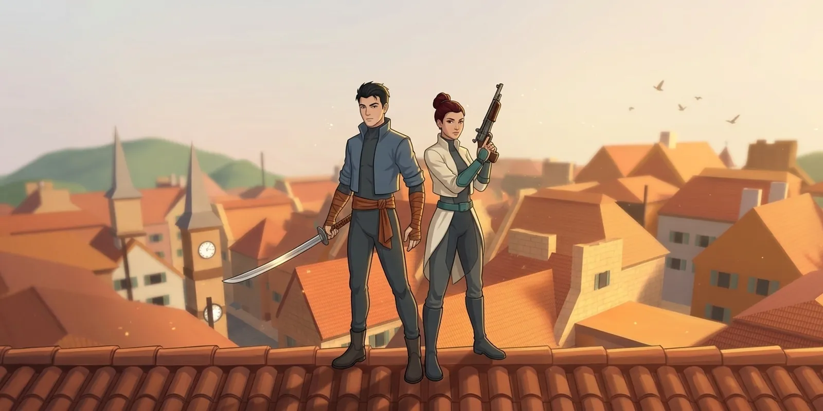 Ren and Sable back to back, sword and gun raised, over a burning sky