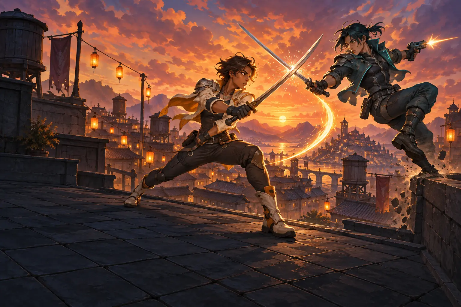 Two duelists clash on a rooftop arena at sunset, sword against sword and gun