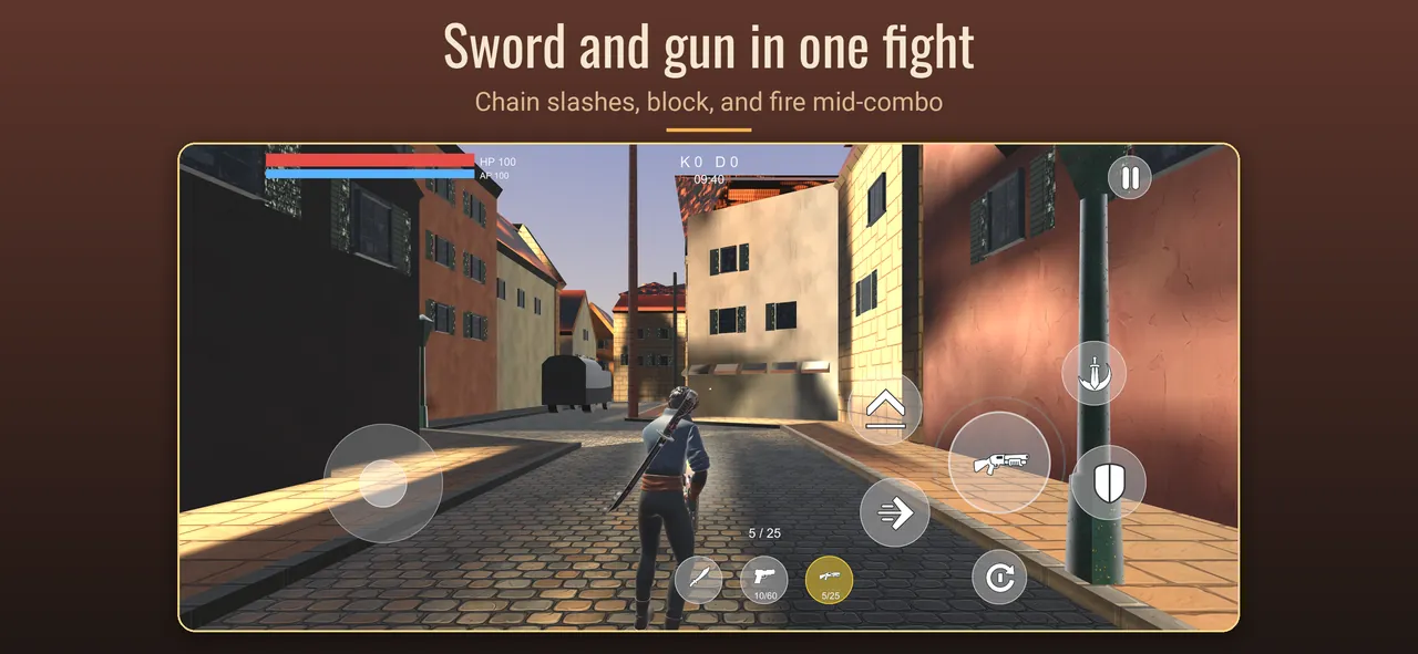 A sword slash mid-combo, the gun switch one tap away