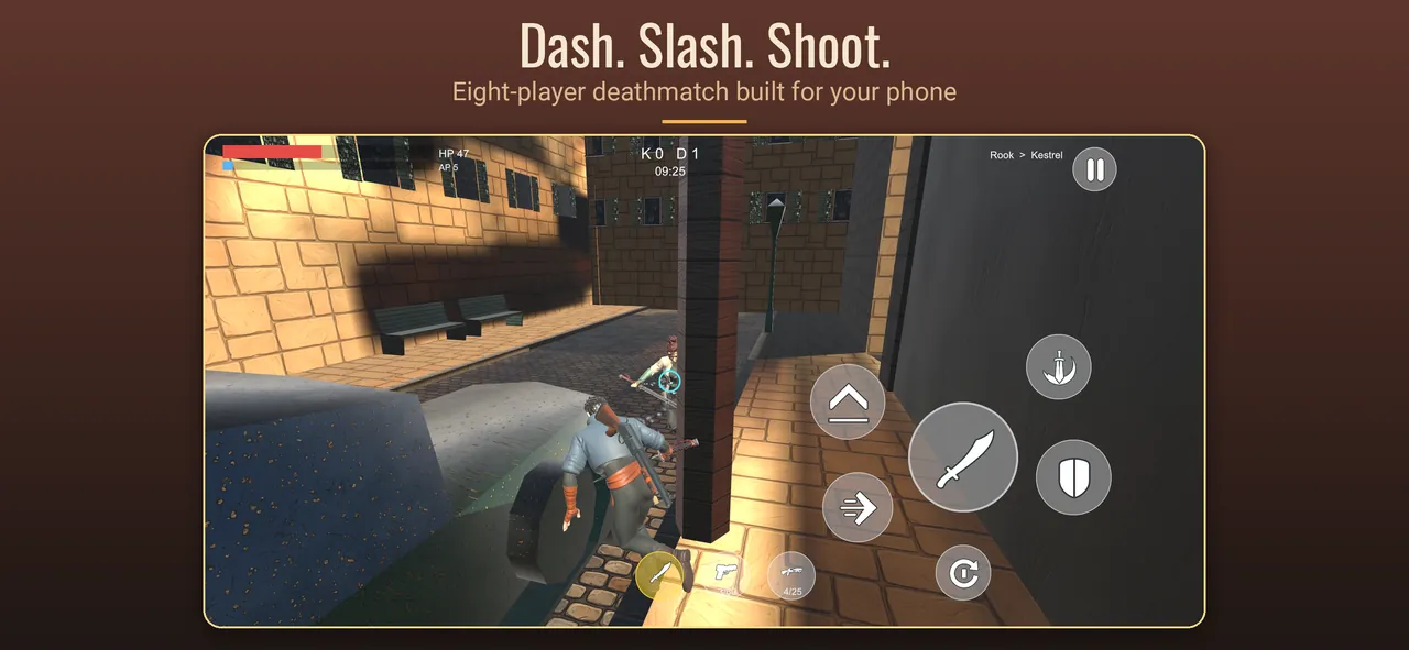 An eight-player deathmatch on a rooftop arena