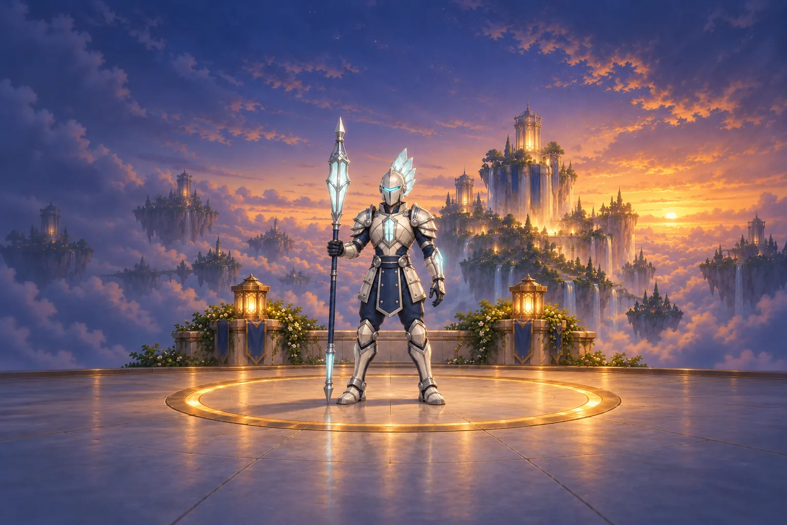 The Lantern Warden in a closed silver helm on a sky-city plaza at golden hour