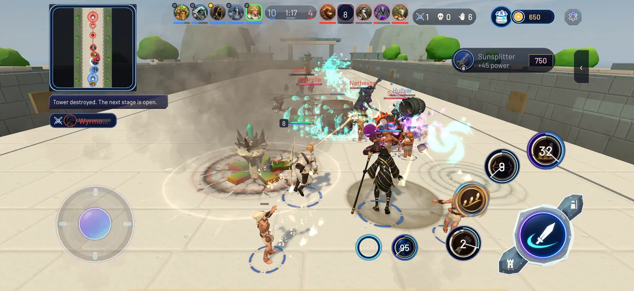 A team fight down the single Brawl lane