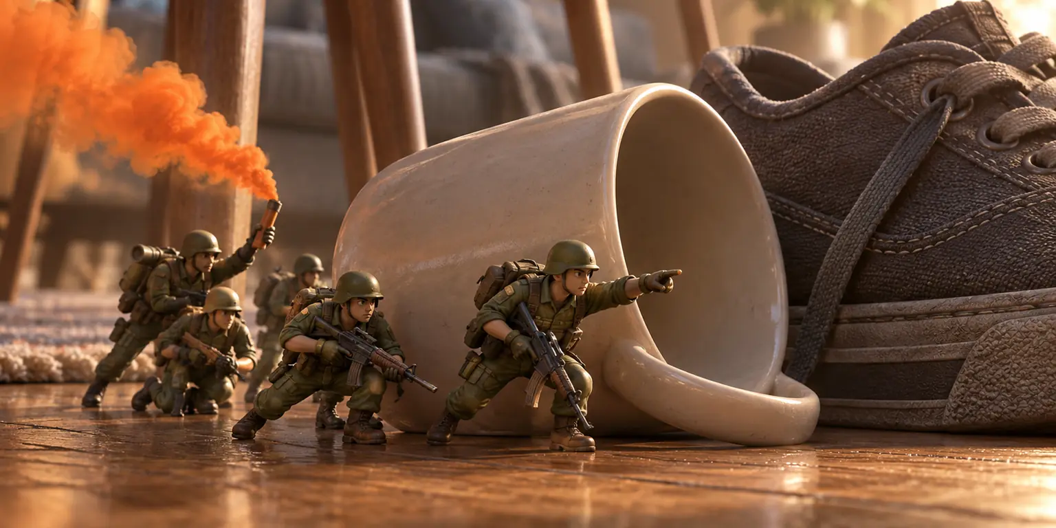 A squad of tiny green soldiers advances past a fallen mug and a giant sneaker on a sunlit wooden floor
