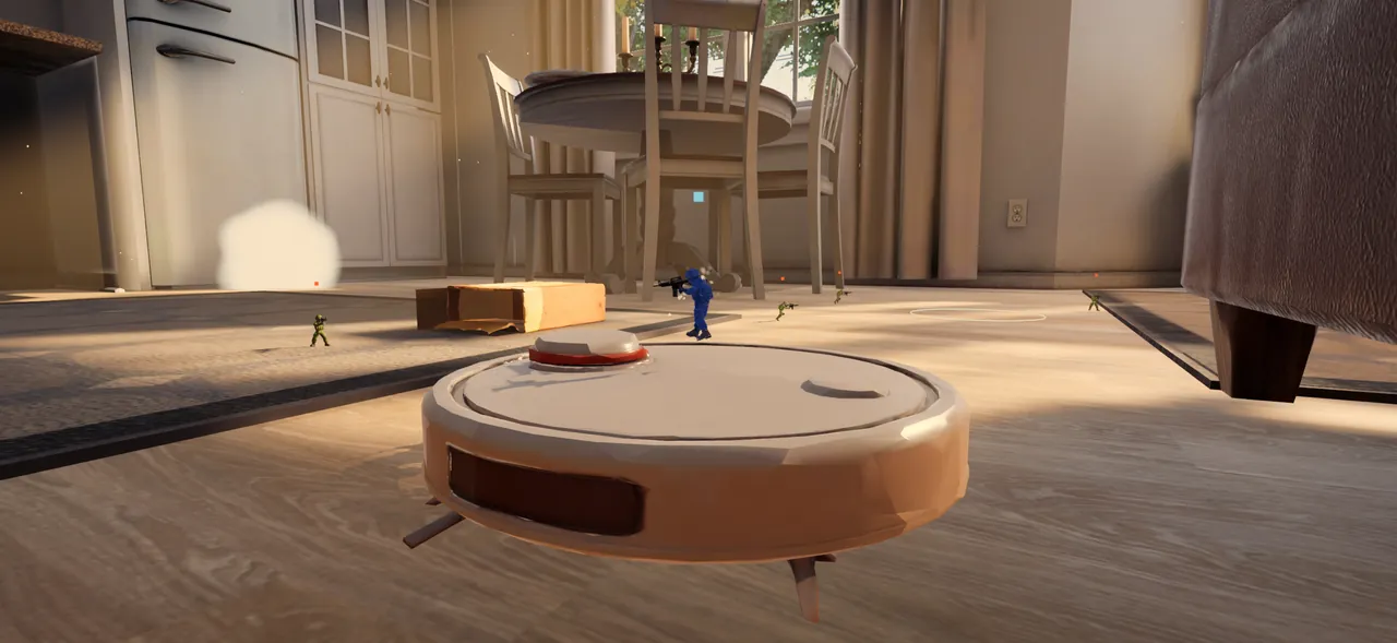 A soldier rides a robot vacuum across the floor while a firefight runs under the dining table
